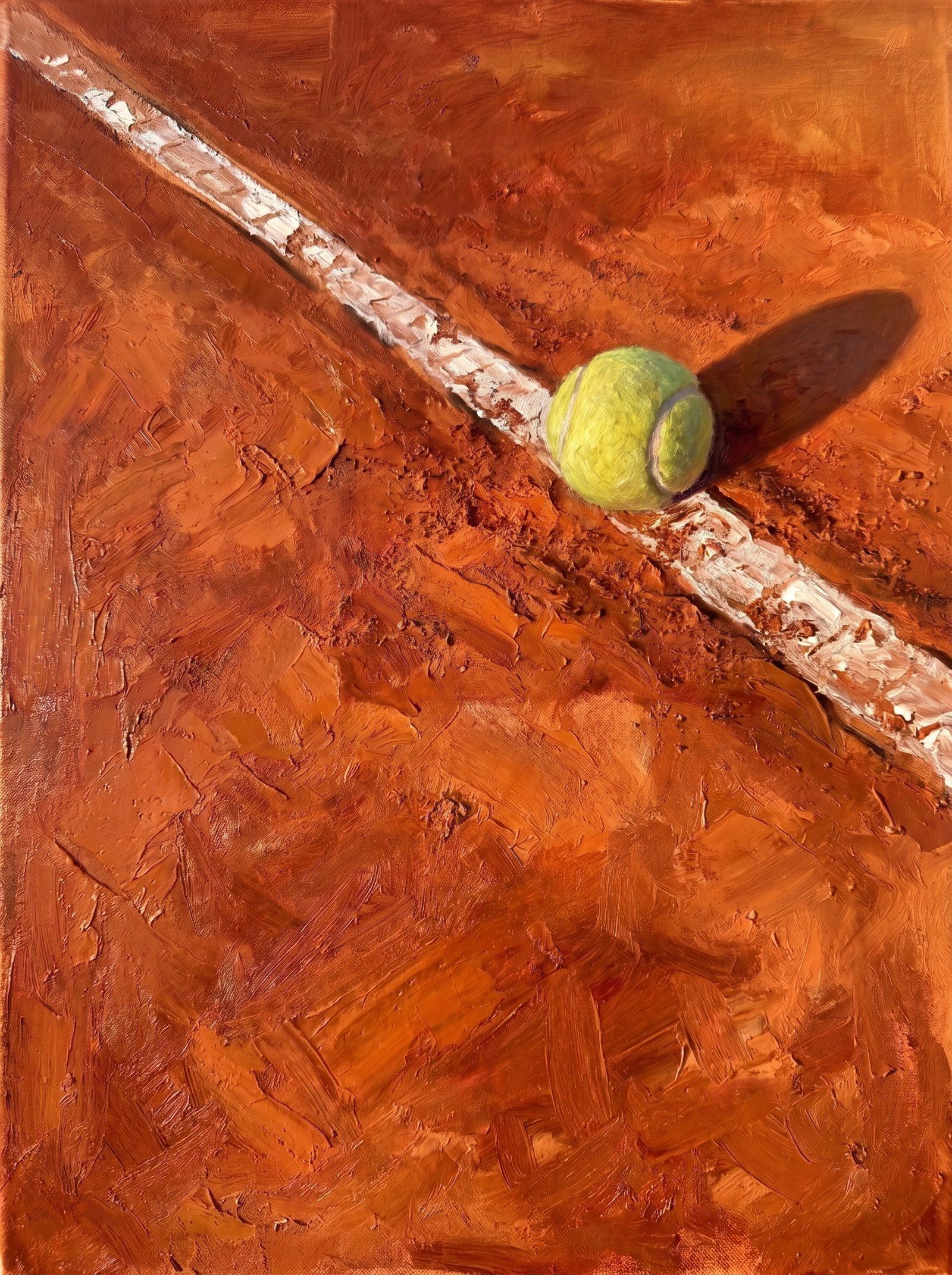 Pintura a óleo de uma bola de tênis sobre a linha de saibro, vista de cima