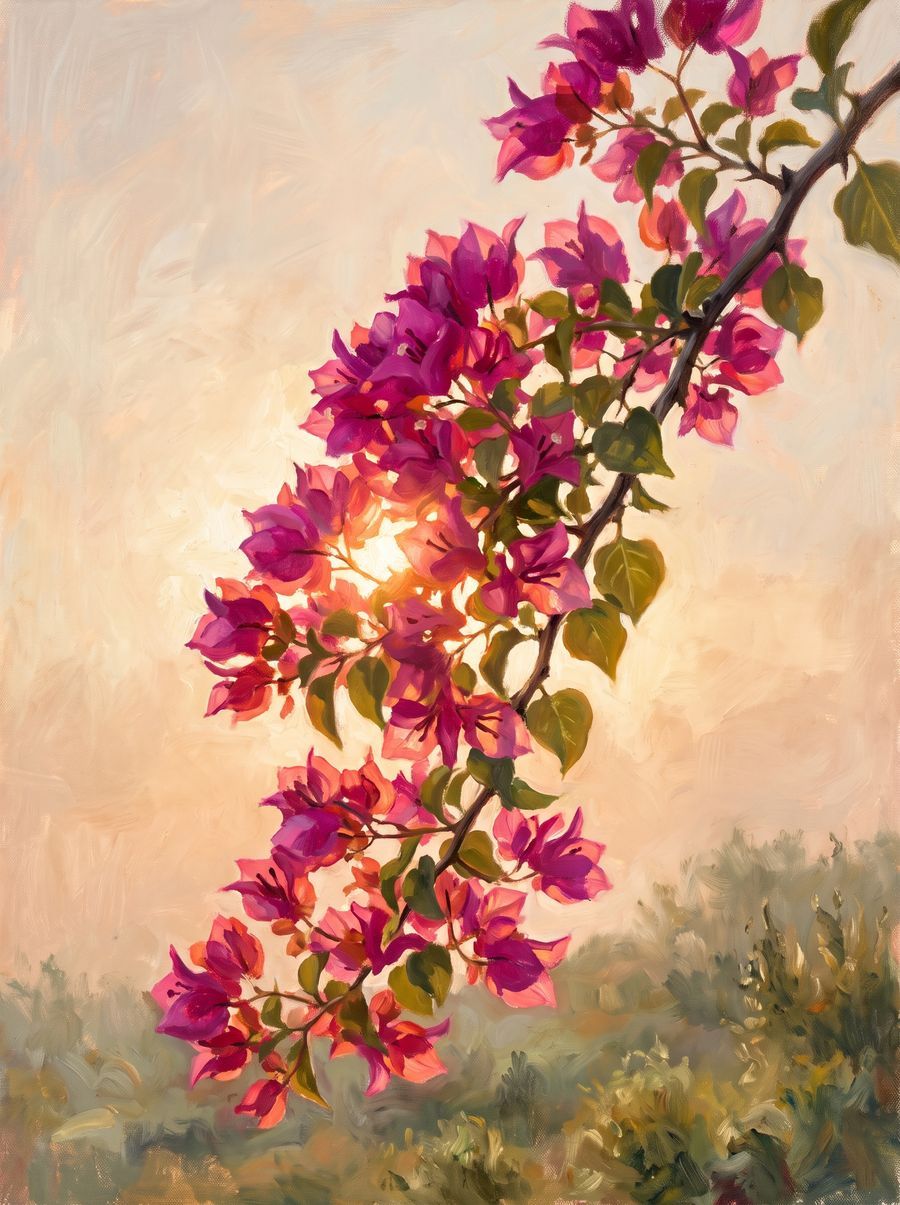 Pintura a óleo de um ramo de buganvília em flor