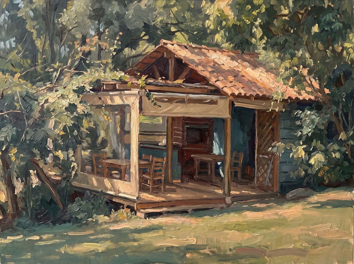 Pintura a óleo do quiosque de madeira entre as árvores, com deck e mesas